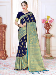 Stunning Navy Blue Banarasi Art Silk Woven Saree