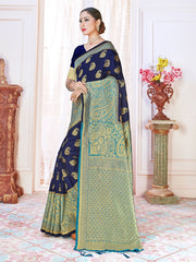 Stunning Navy Blue Banarasi Art Silk Woven Saree