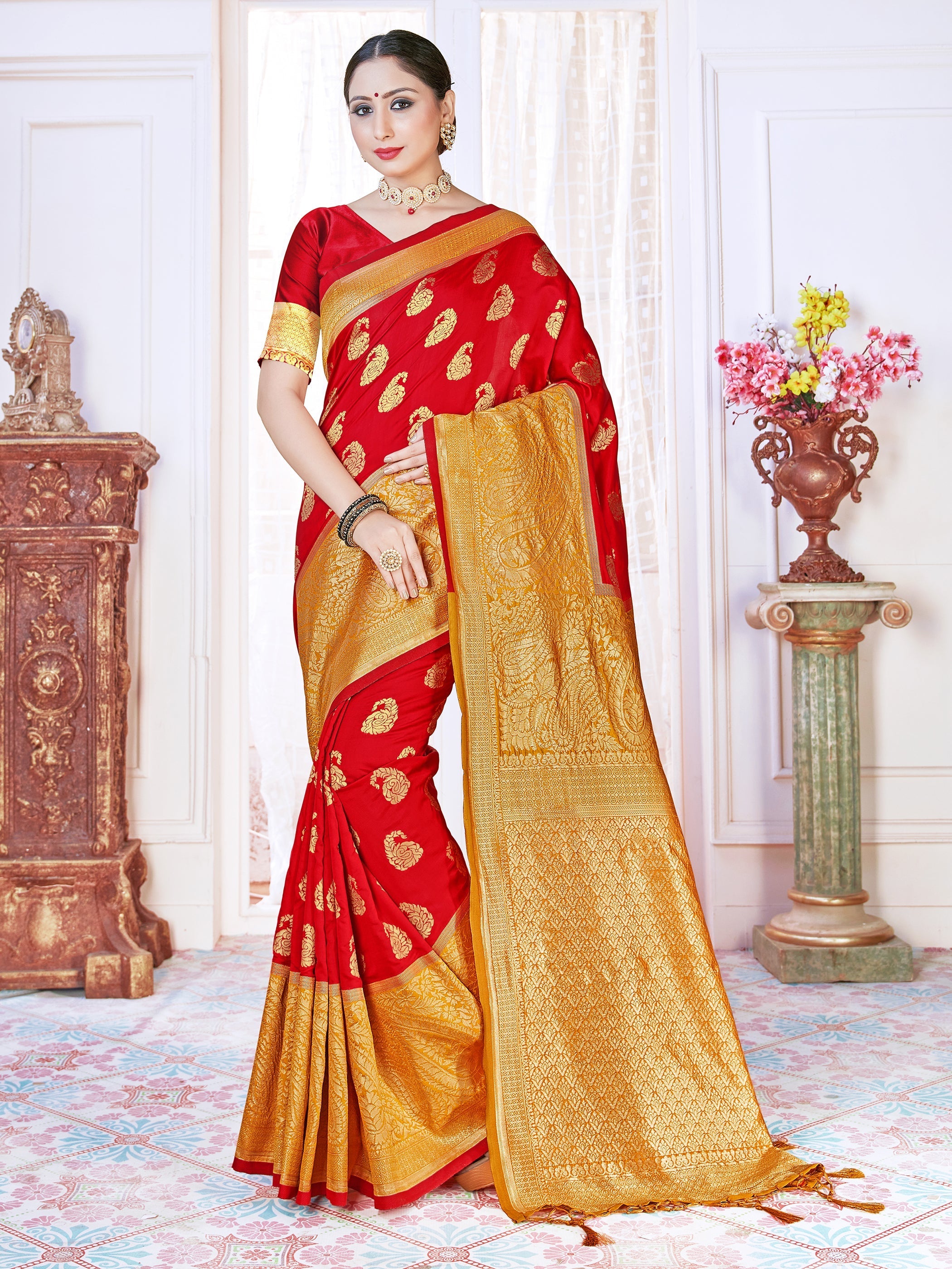 Elegant Red Banarasi Art Silk Woven Saree