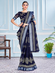 Stunning Navy Blue Cotton Silk Printed Saree