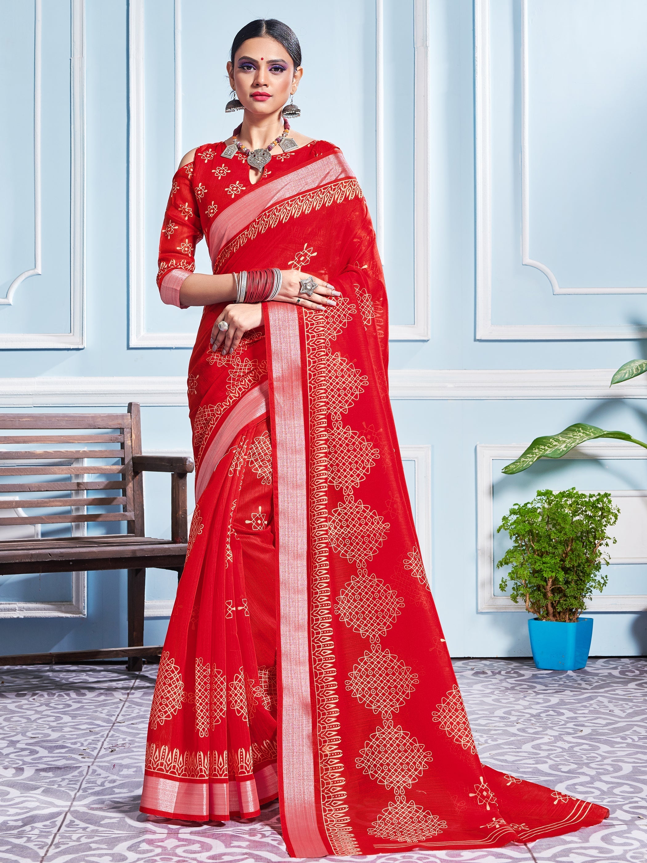 Vibrant Red Cotton Silk Saree