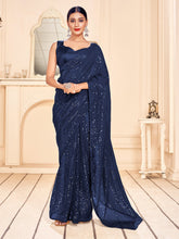 Navy Blue Faux Georgette Embroidered Saree