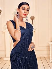 Navy Blue Faux Georgette Embroidered Saree