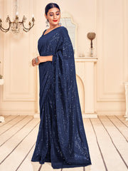 Navy Blue Faux Georgette Embroidered Saree
