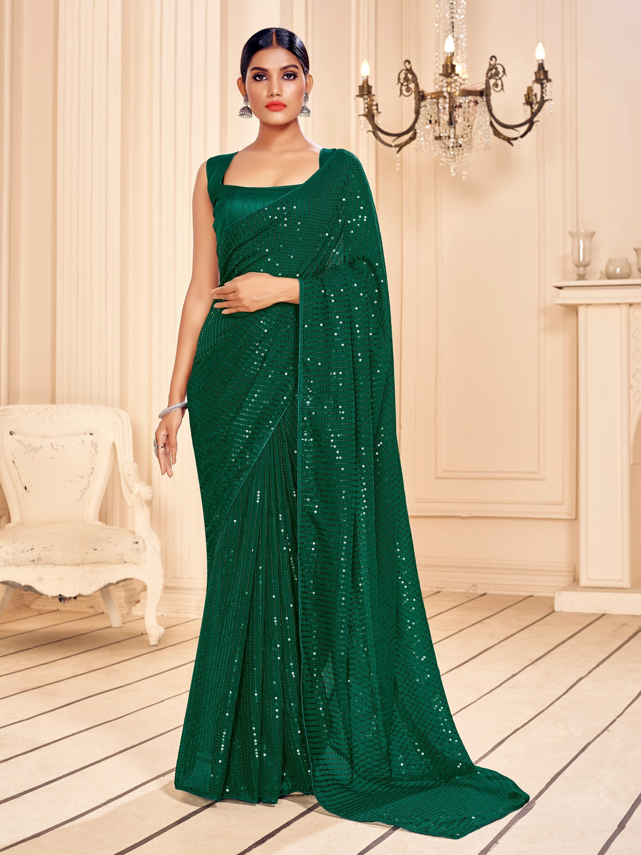 Elegant Green Faux Georgette Embroidered Saree