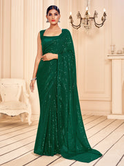 Elegant Green Faux Georgette Embroidered Saree
