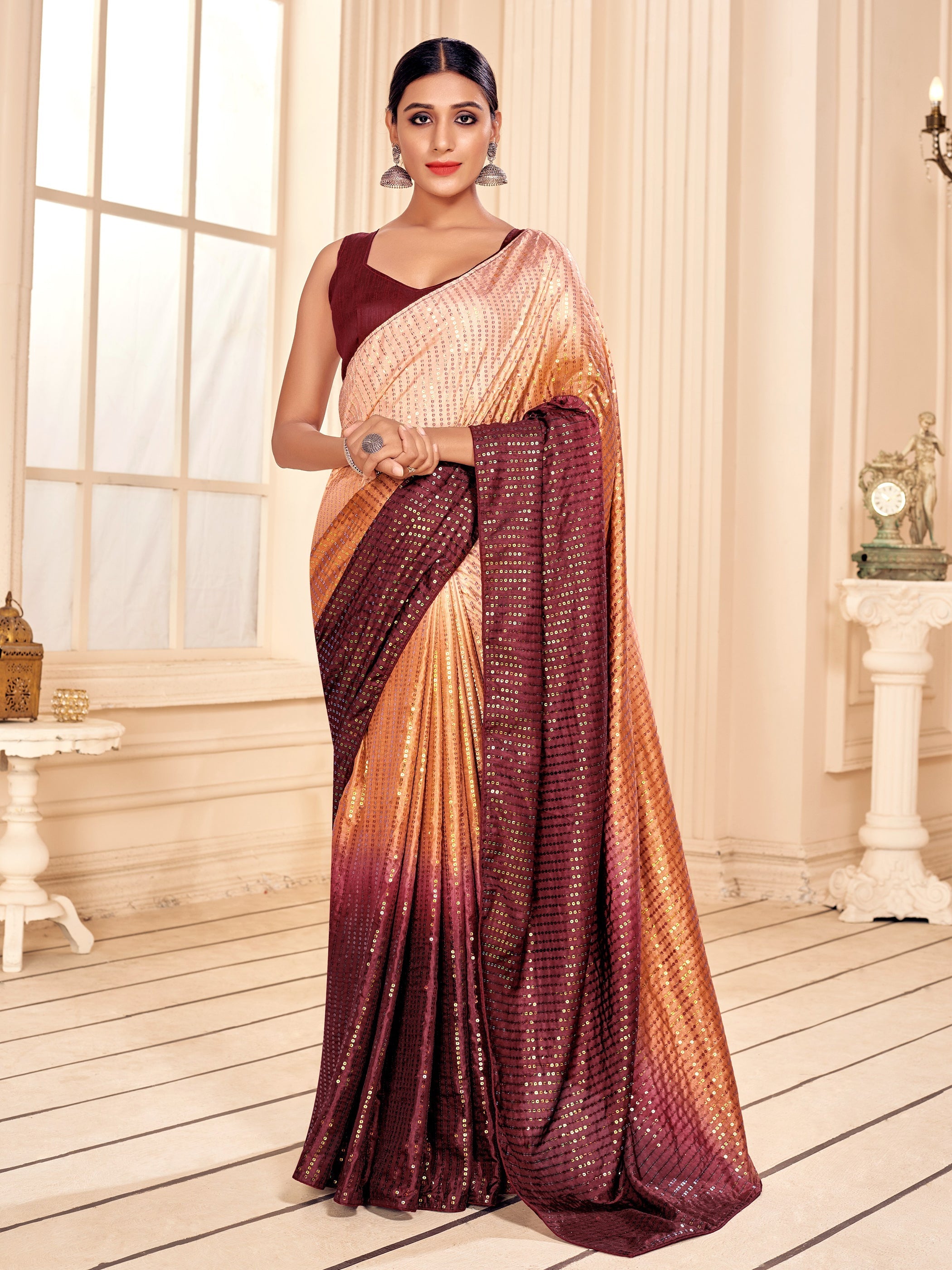 Rust Art Silk Embroidered Saree