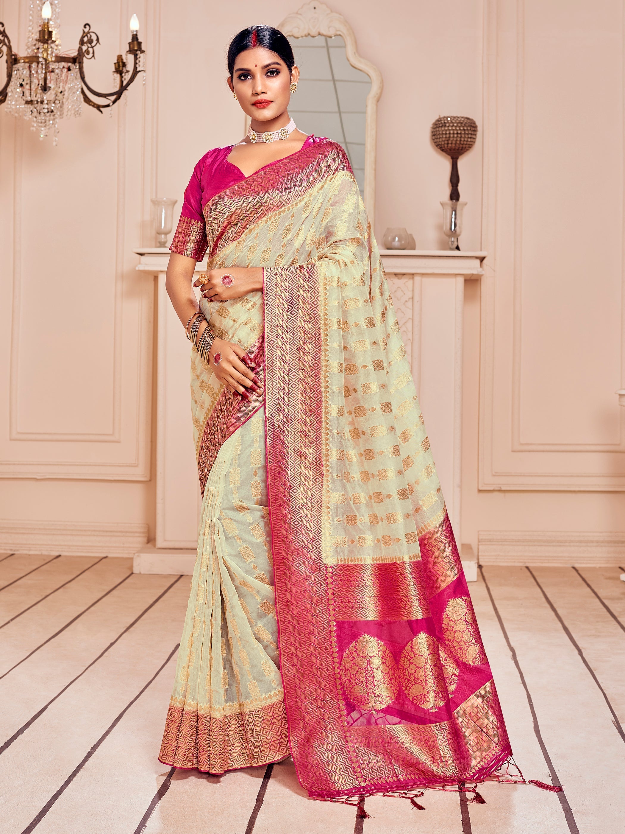 Elegant Cream Banarasi Art Silk Saree