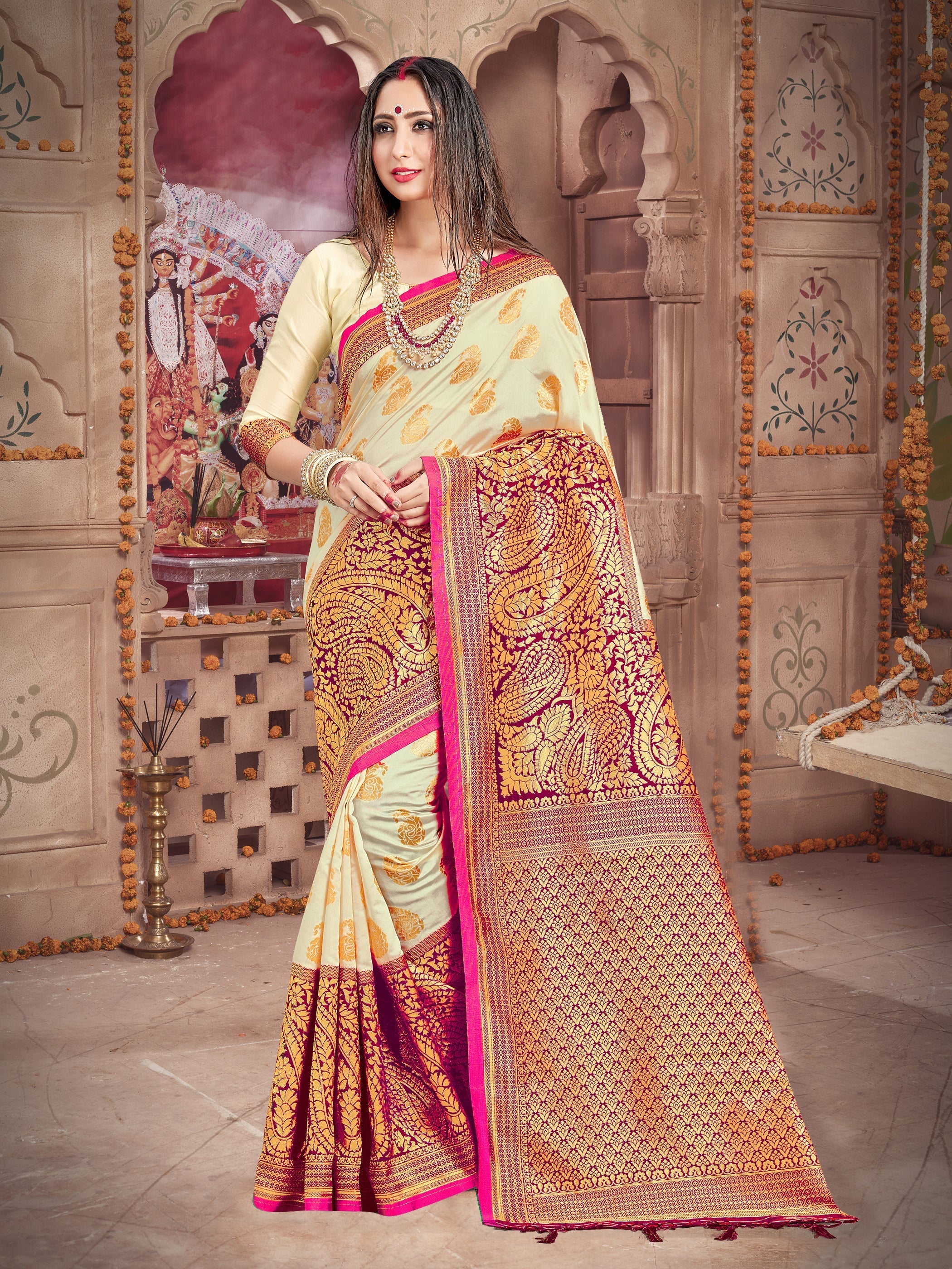 Elegant Off White Banarasi Art Silk Saree