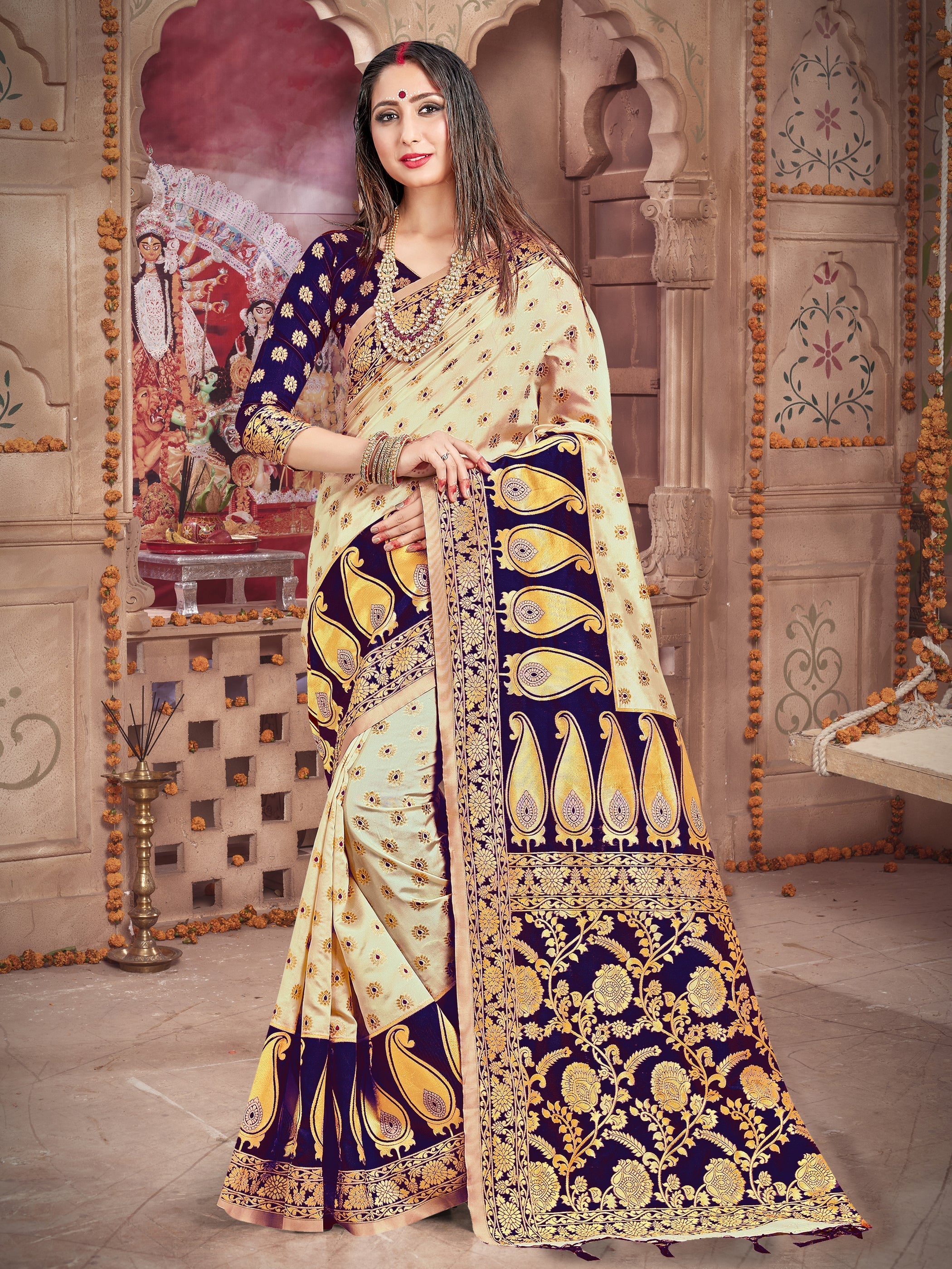 Elegant Off White Banarasi Art Silk Saree