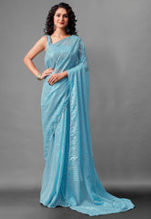 Stunning Aqua Blue Faux Georgette Saree with Woven Design