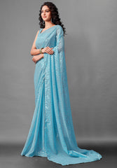 Stunning Aqua Blue Faux Georgette Saree with Woven Design