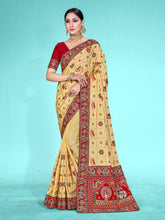 Elegant Beige Satin Silk Embroidered Saree