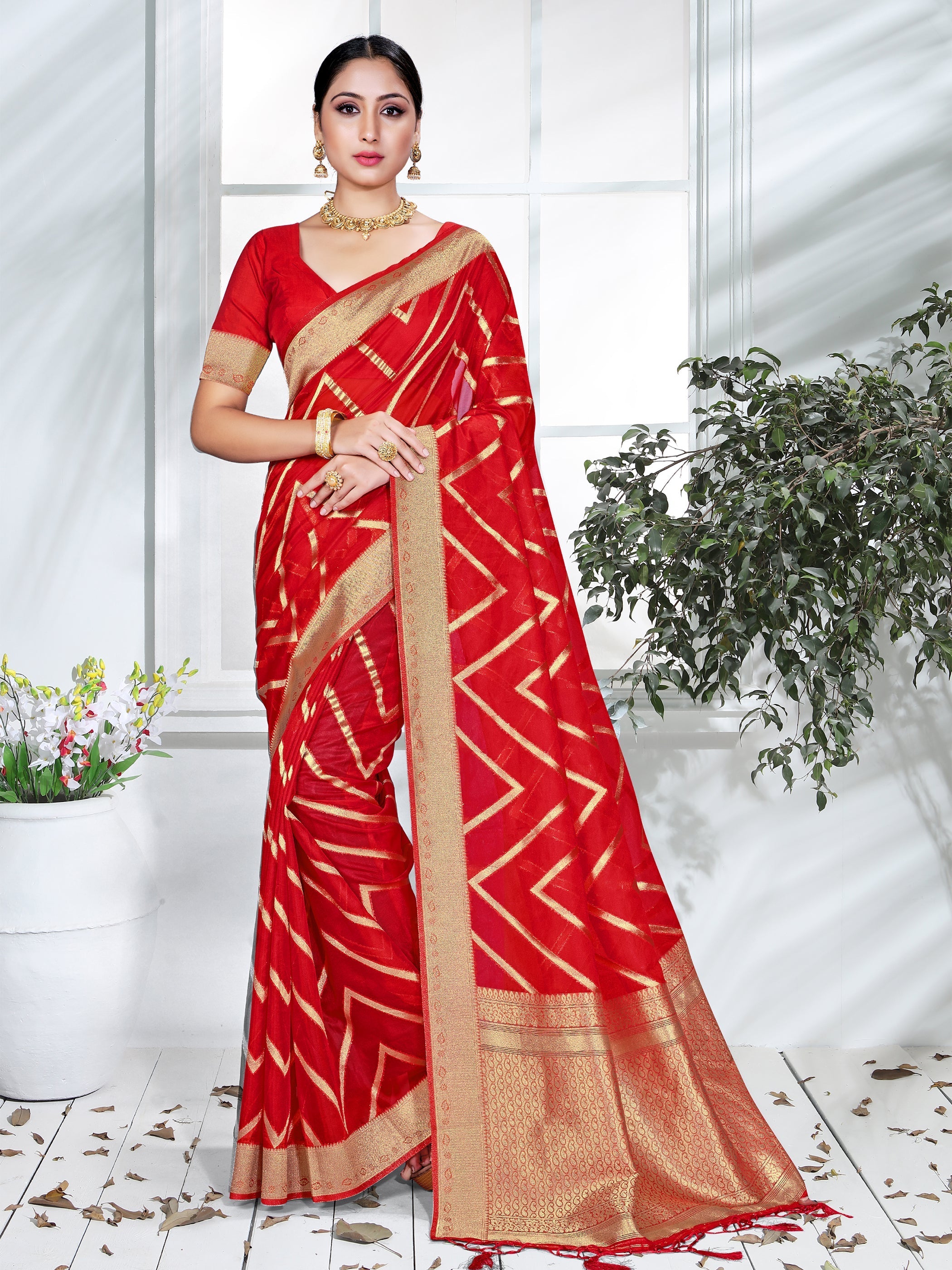 Elegant Red Organza Silk Saree
