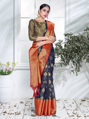 Luxurious Navy Blue Organza Silk Woven Design Saree