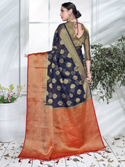 Luxurious Navy Blue Organza Silk Woven Design Saree