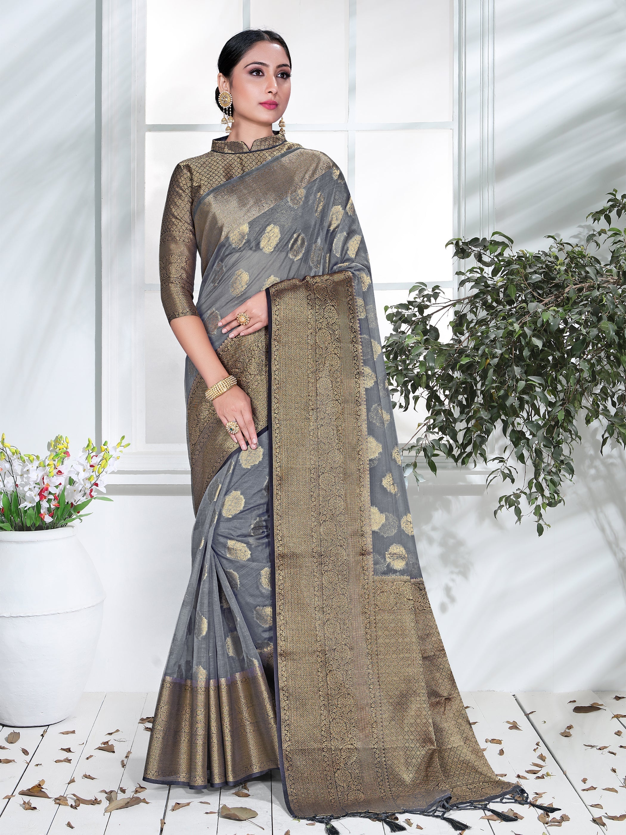 Elegant Grey Organza Silk Saree