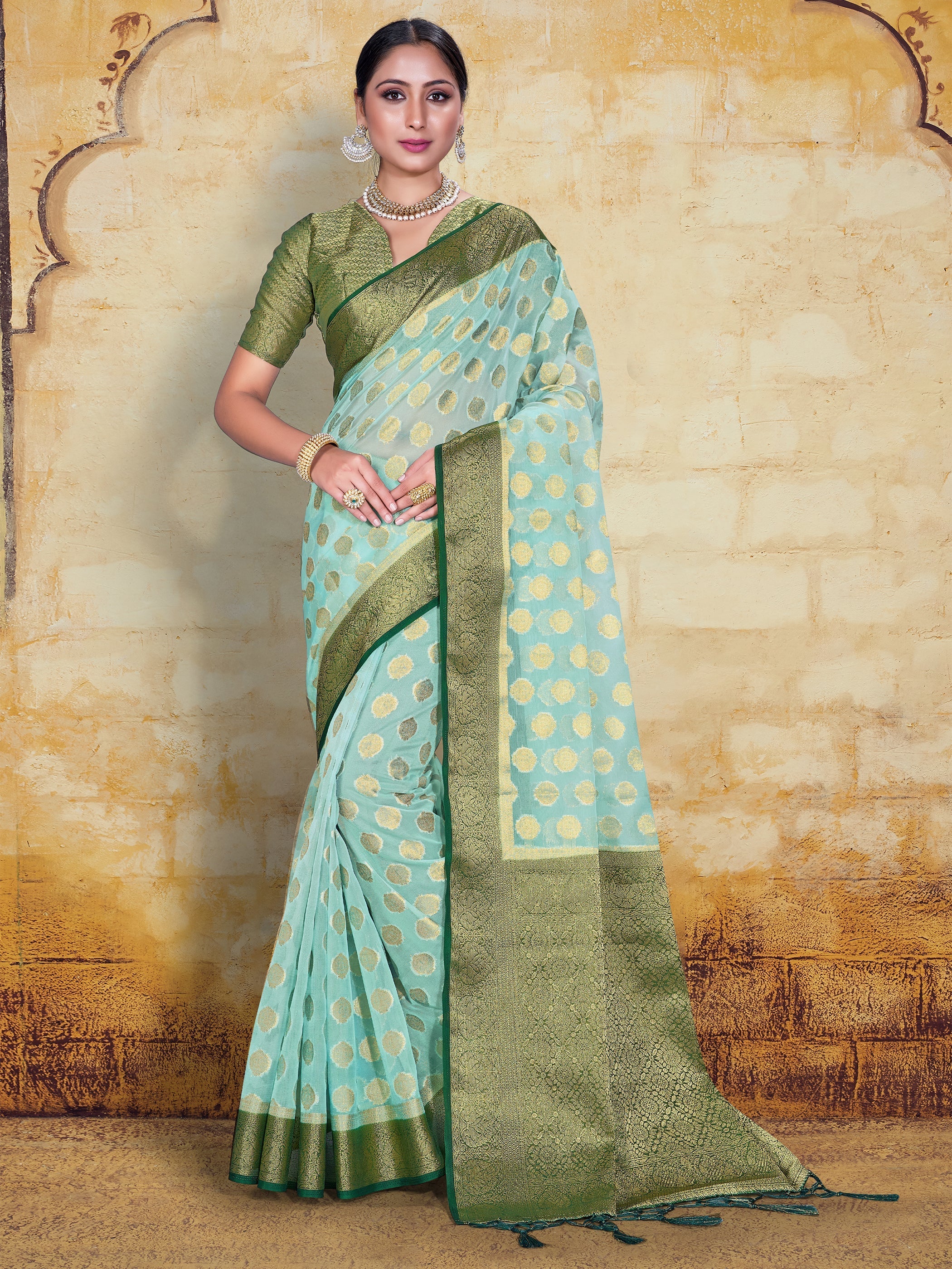 Sea Green Organza Silk Saree