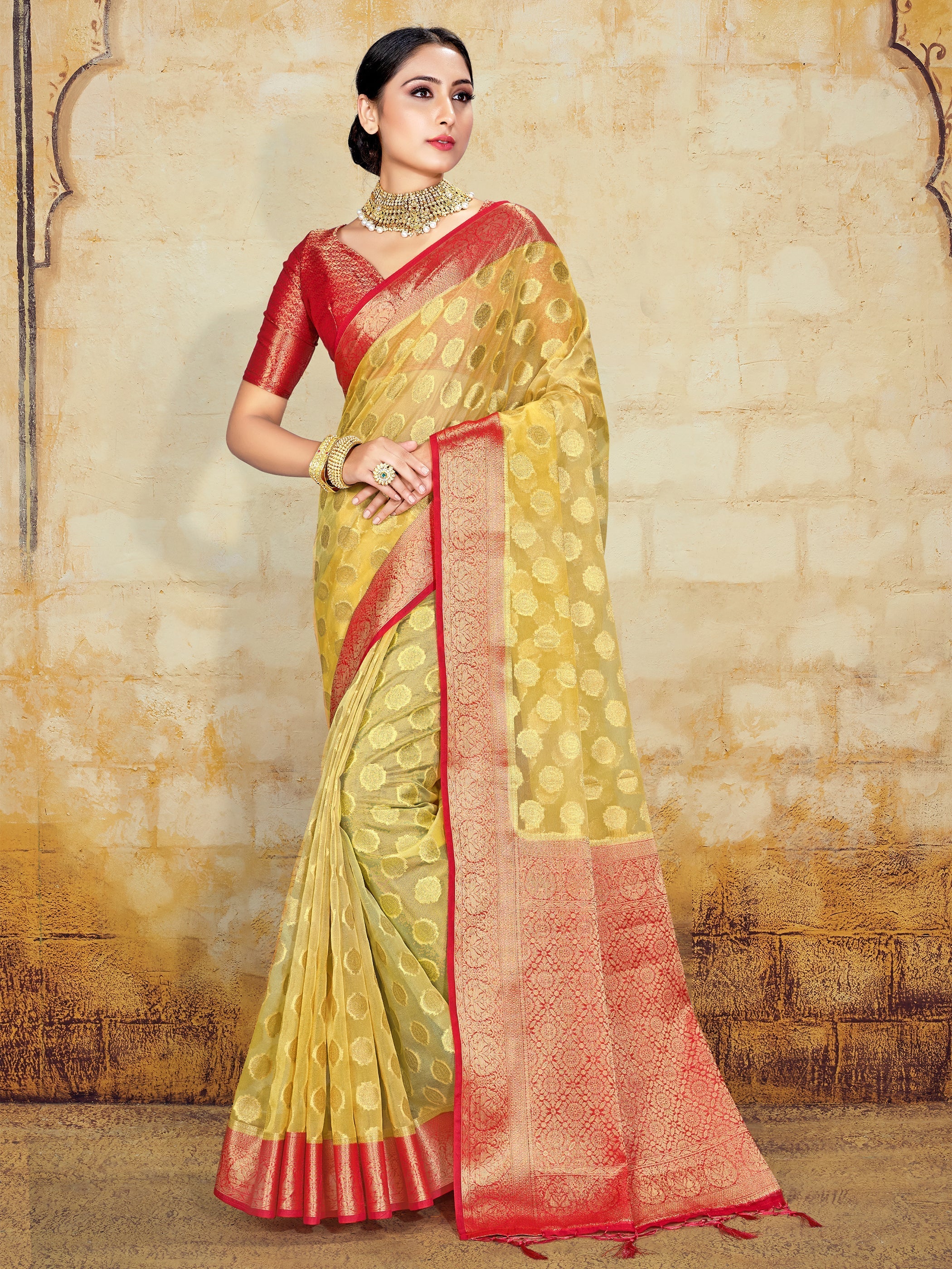 Elegant Yellow Organza Silk Saree
