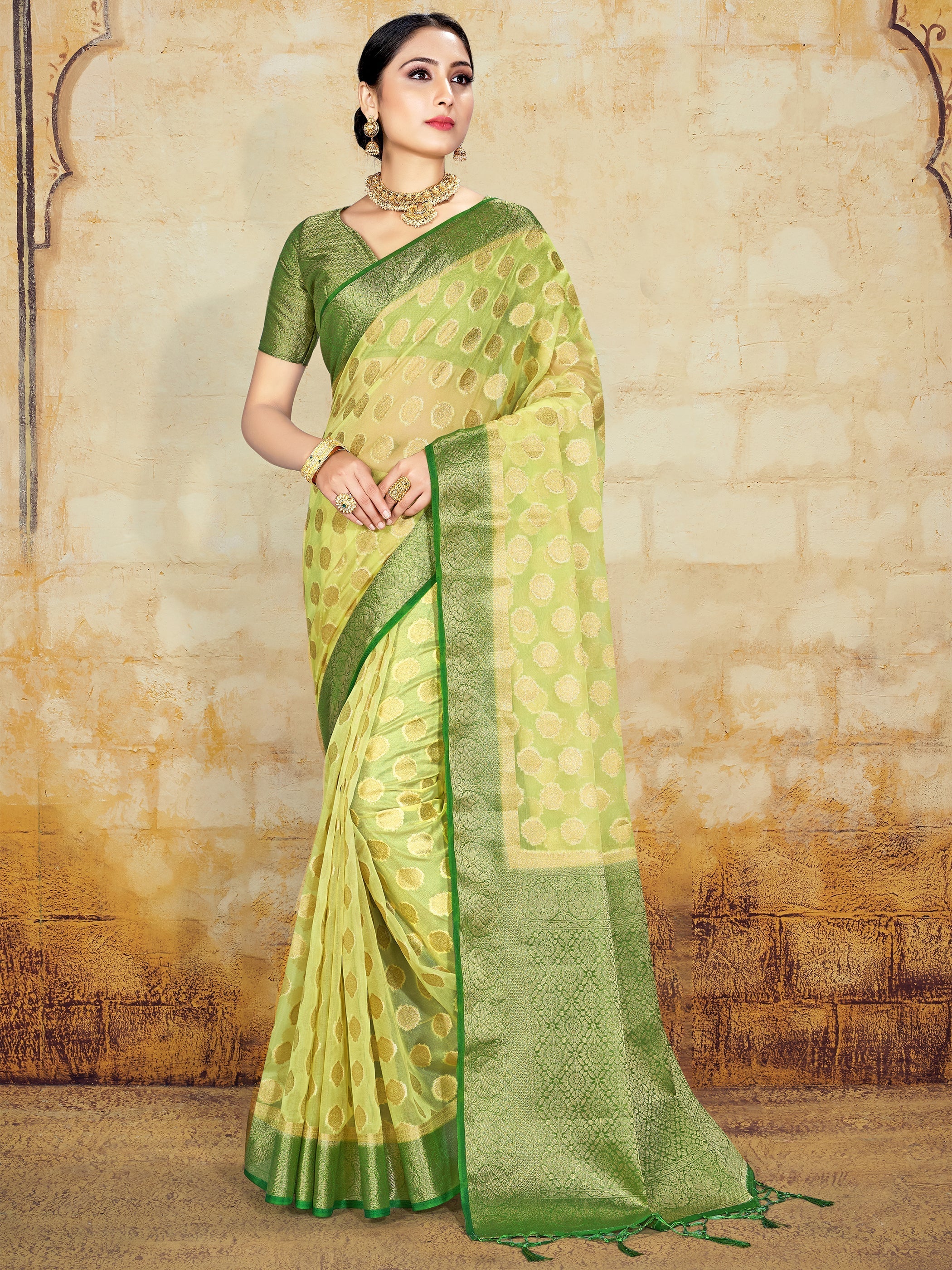 Elegant Olive Green Organza Silk Saree