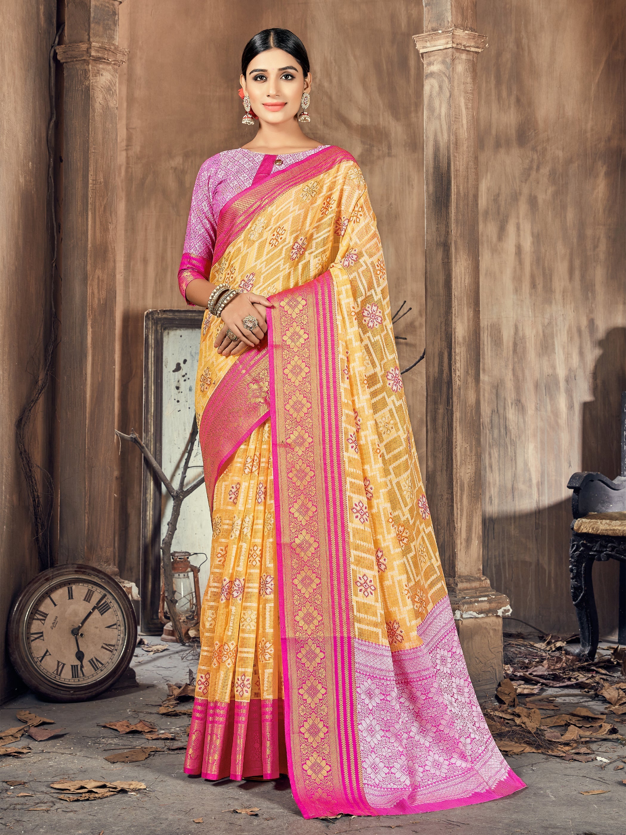 Vibrant Yellow Cotton-Silk Woven Saree