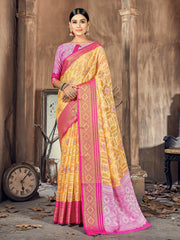 Vibrant Yellow Cotton-Silk Woven Saree