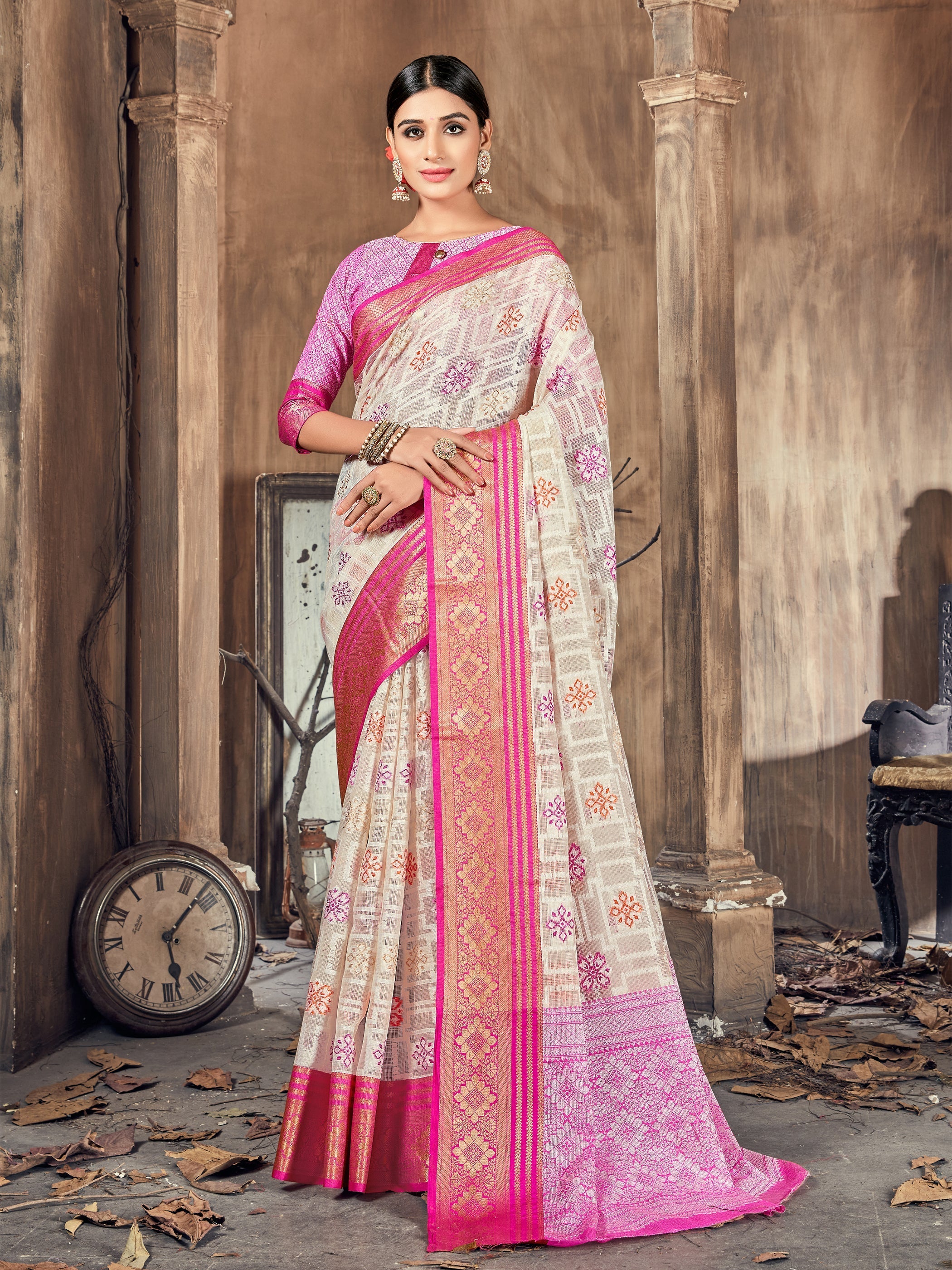 Elegant Beige Cotton-Silk Saree