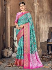 Teal Cotton-Silk Woven Saree