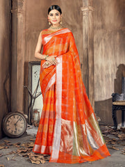 Beautiful Orange Cotton Silk Woven Saree with Woven Design