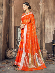 Beautiful Orange Cotton Silk Woven Saree with Woven Design