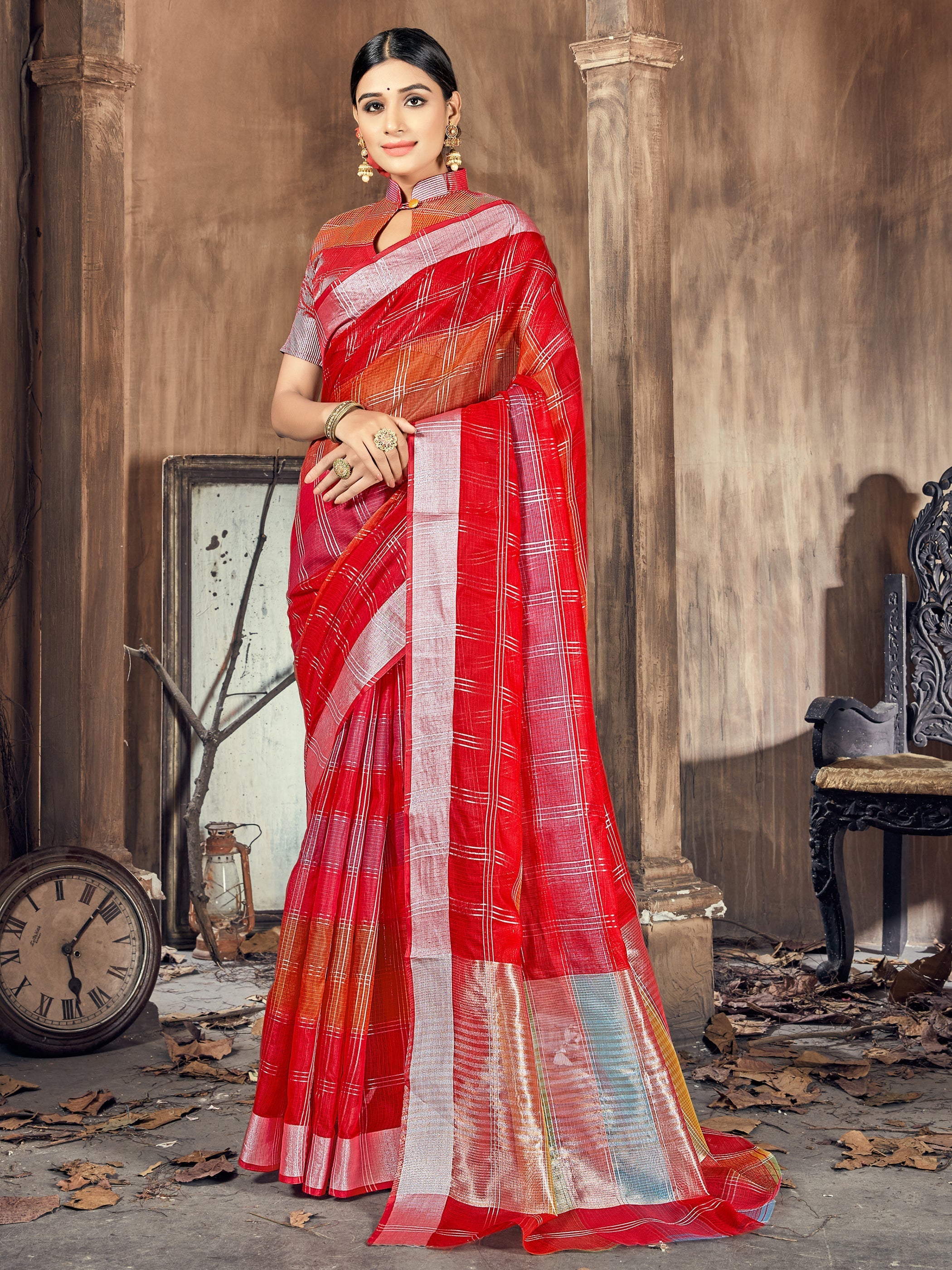 Elegant Red Cotton-Silk Woven Saree