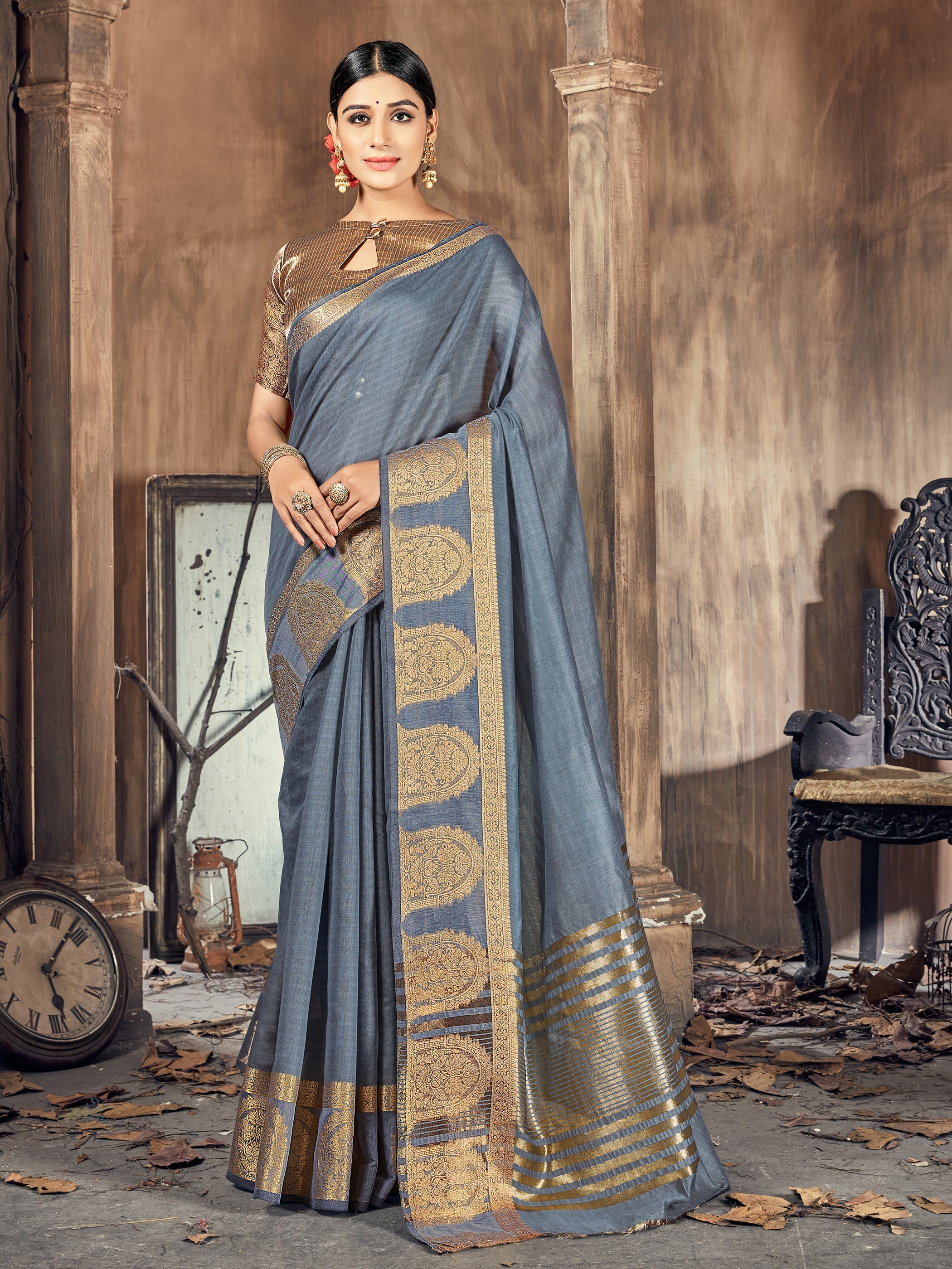 Elegant Grey Cotton-Silk Saree