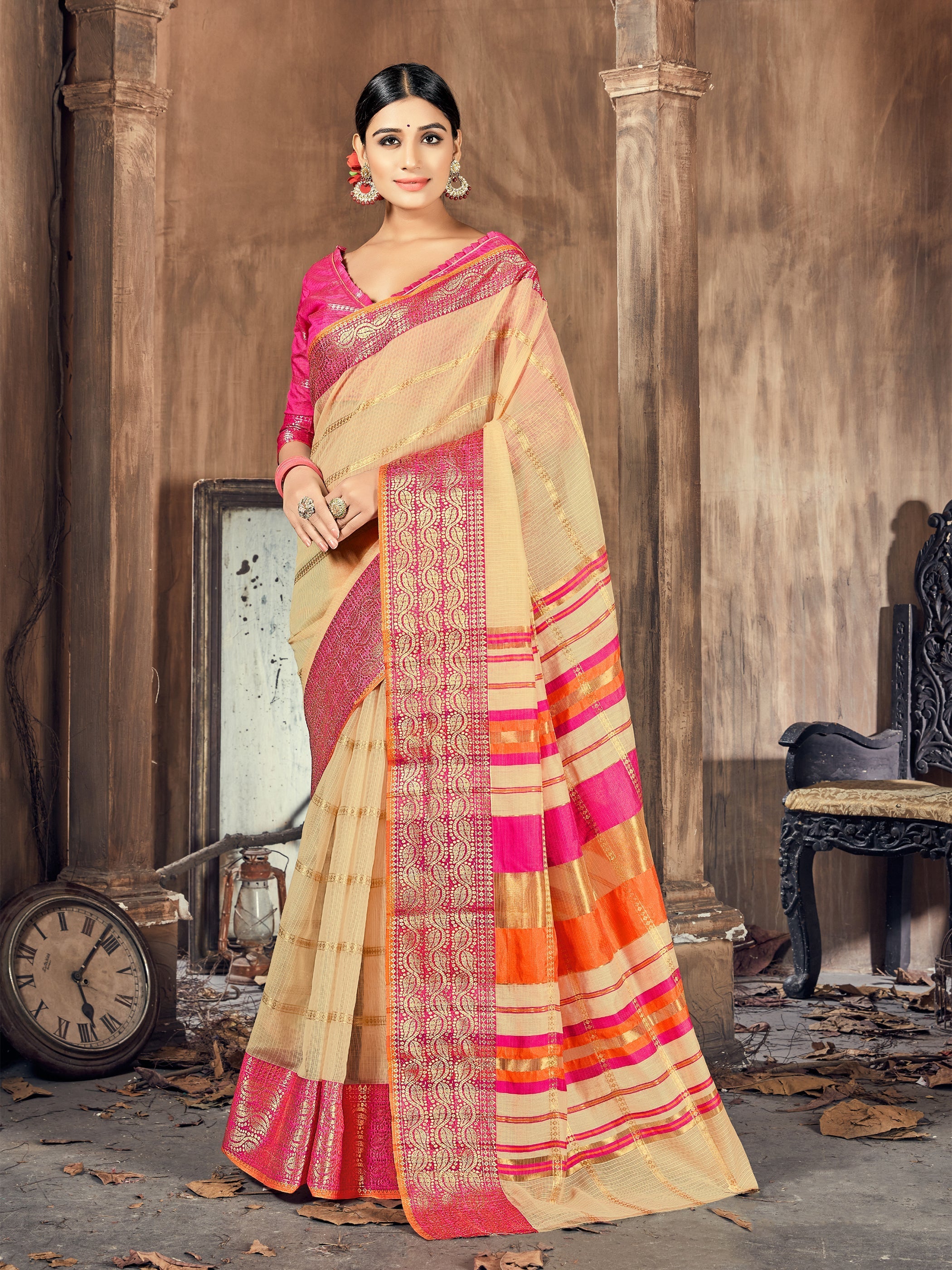 Elegant Beige Cotton-Silk Saree