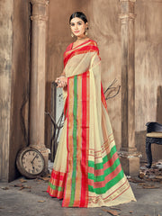 Chic Beige Cotton Silk Woven Saree with Woven Design