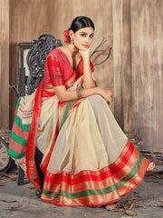 Chic Beige Cotton Silk Woven Saree with Woven Design