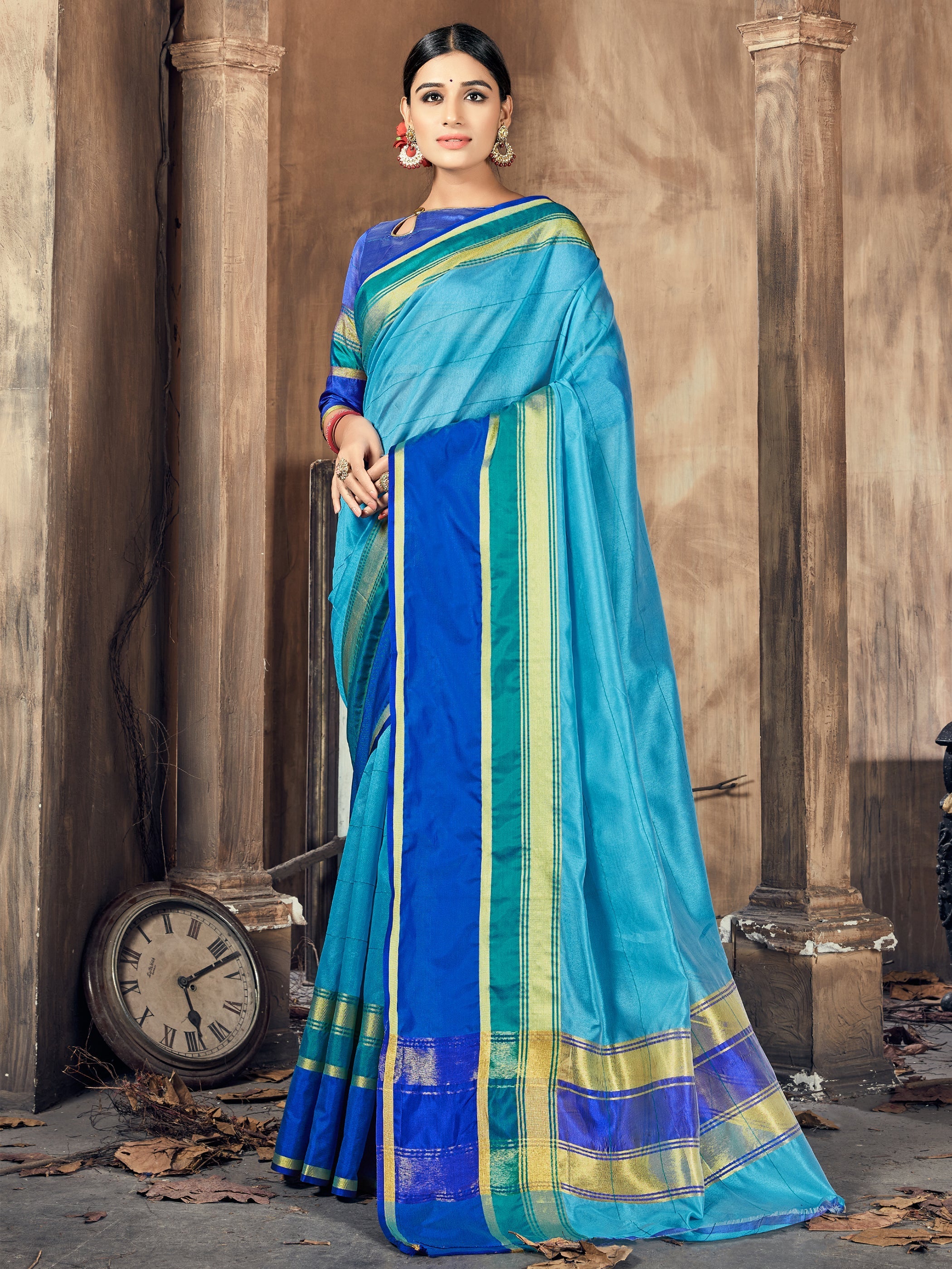 Teal Cotton-Silk Woven Saree