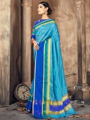Teal Cotton-Silk Woven Saree