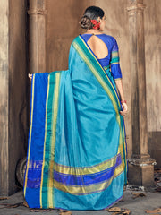Teal Cotton-Silk Woven Saree