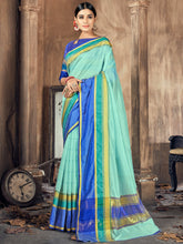 Elegant Sea Blue Cotton-Silk Saree