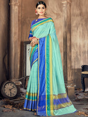 Elegant Sea Blue Cotton-Silk Saree