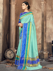 Elegant Sea Blue Cotton-Silk Saree