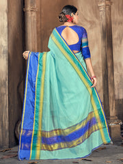 Elegant Sea Blue Cotton-Silk Saree