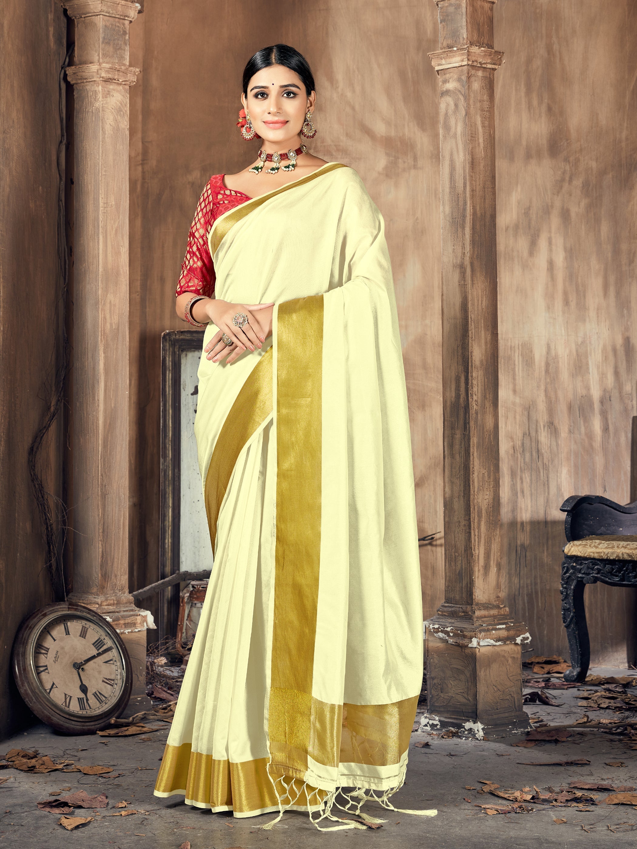 Elegant Cream Cotton Silk Woven Saree with Woven Design