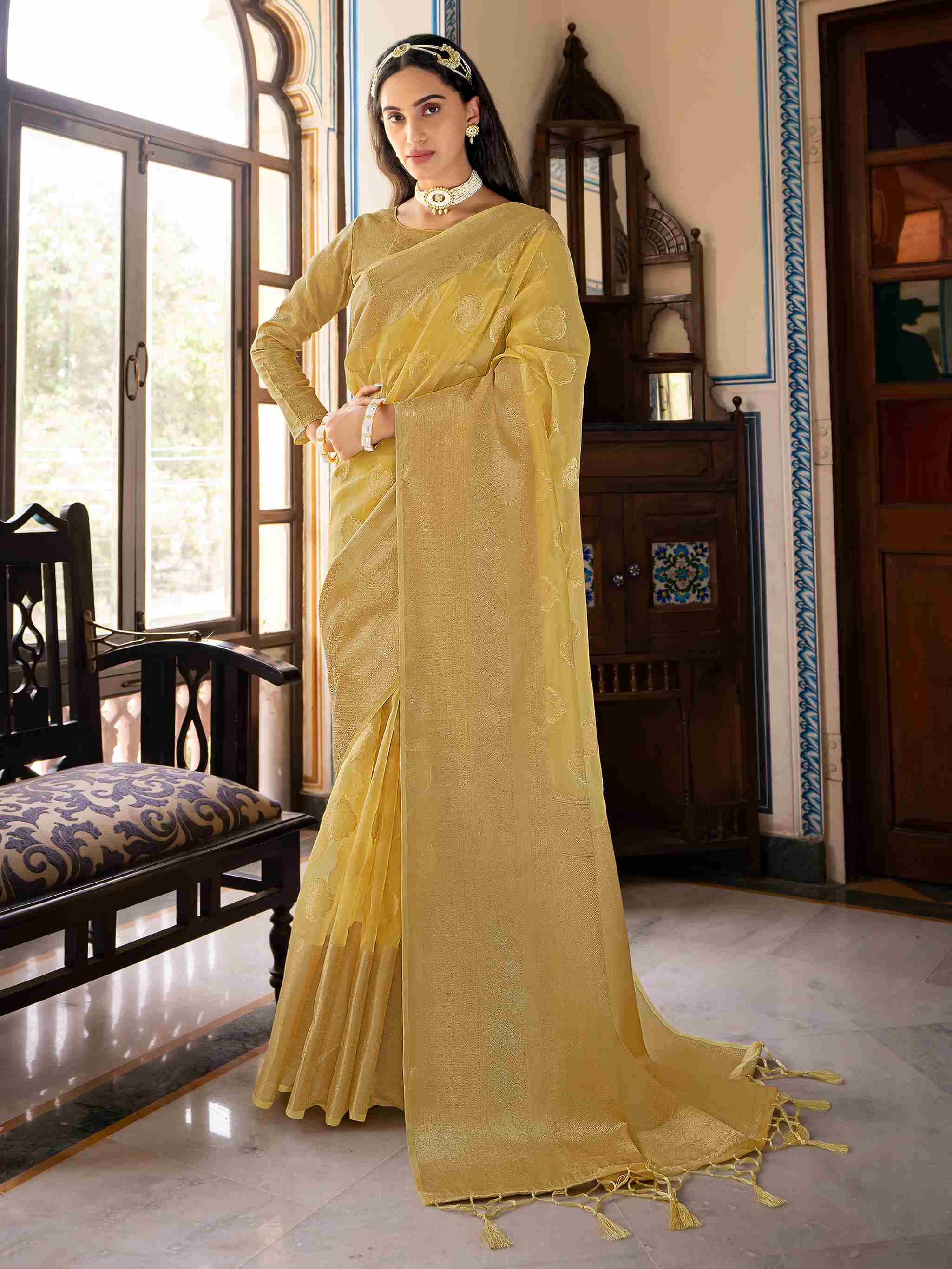 Elegant Yellow Organza Silk Saree