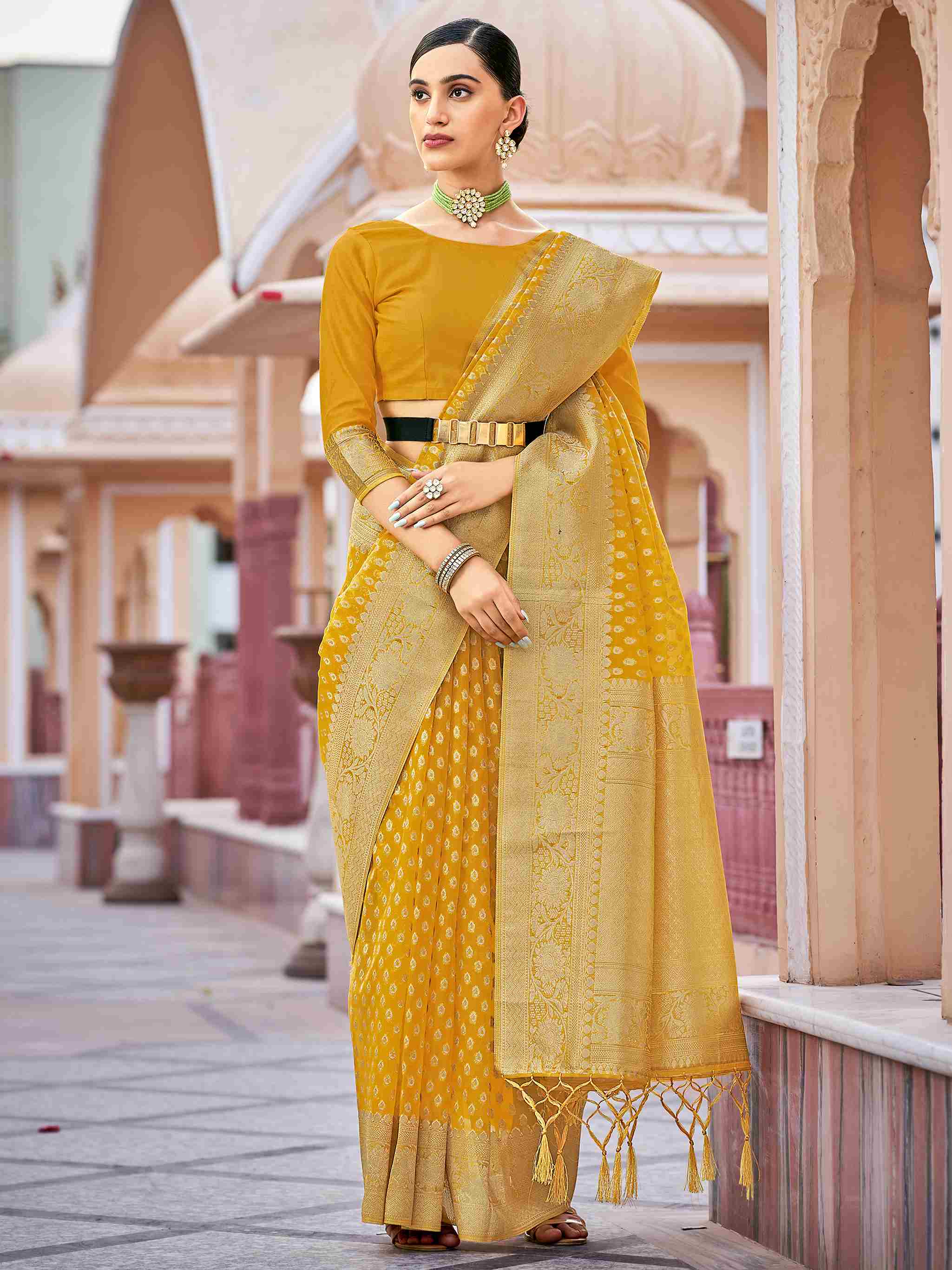 Elegant Yellow Organza Silk Saree
