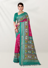 Elegant Pink Cotton-Silk Foil Printed Saree