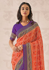 Orange Cotton-Silk Foil Print Saree