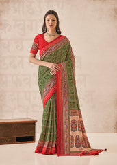 Green Cotton Silk Foil Print Saree-3315
