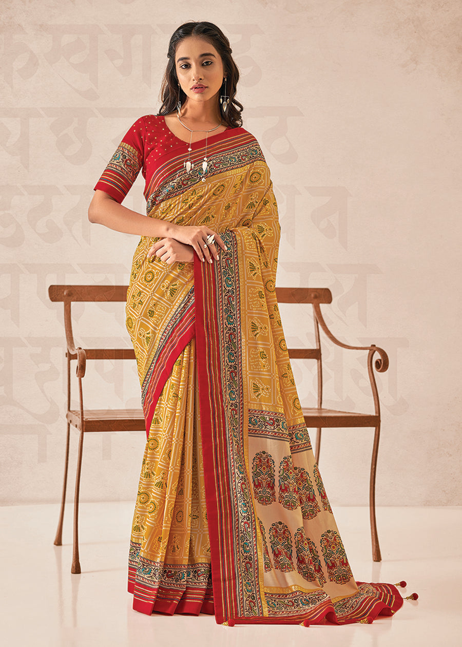 Yellow Cotton-Silk Foil Print Saree