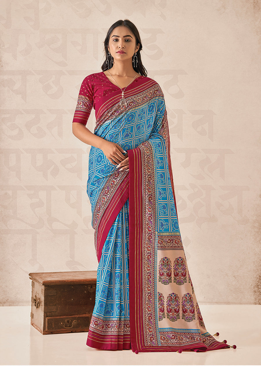 Elegant Sea Blue Cotton-Silk Saree with Foil Print